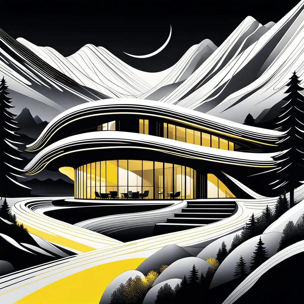 Ilustración minimalista de una casa campestre estilo Zaha Hadid forma ovalada en las montañas arte nouveau neón lineal color negro blanco y amarillo calidad ultra fondo ciudad