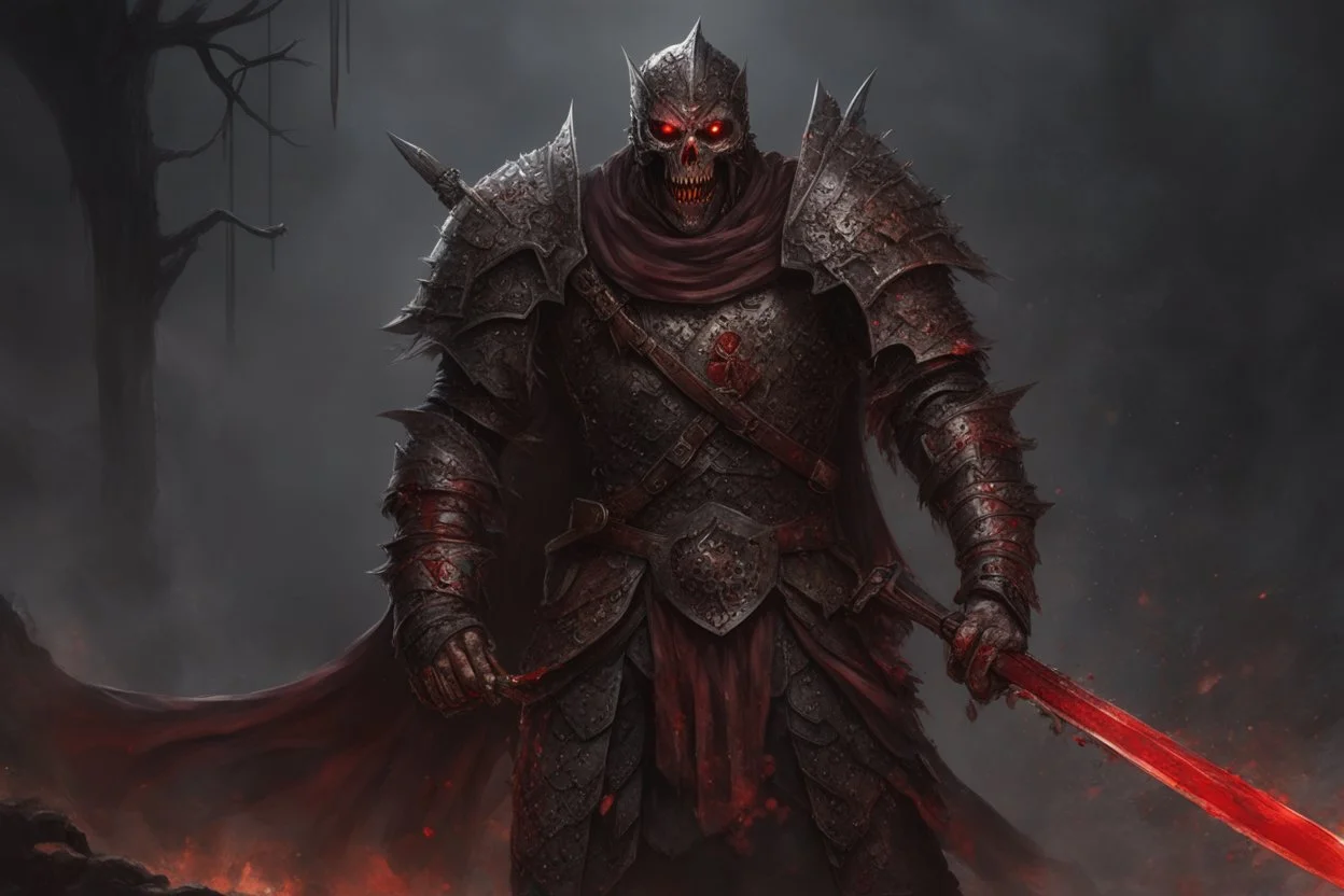 a hideous ghoul warrior. guts hanging out. chain mail fussed to skin. blood. bile. melted fat. broken bones. bleeding eyes. crushed skull. broken fangs. broken jaws. broken armor. glows. real weapons. perfect weapons. intense horror. blind terror.