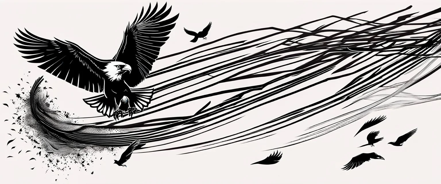 2 birds being chased through the air by an eagle, they each trail a graphic line behind them, and lost feathers, black on white vector