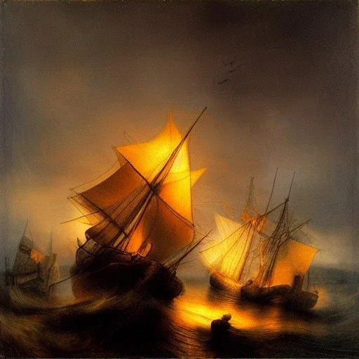 Rembrandt Snowstorm glowing lights ocean flying fish