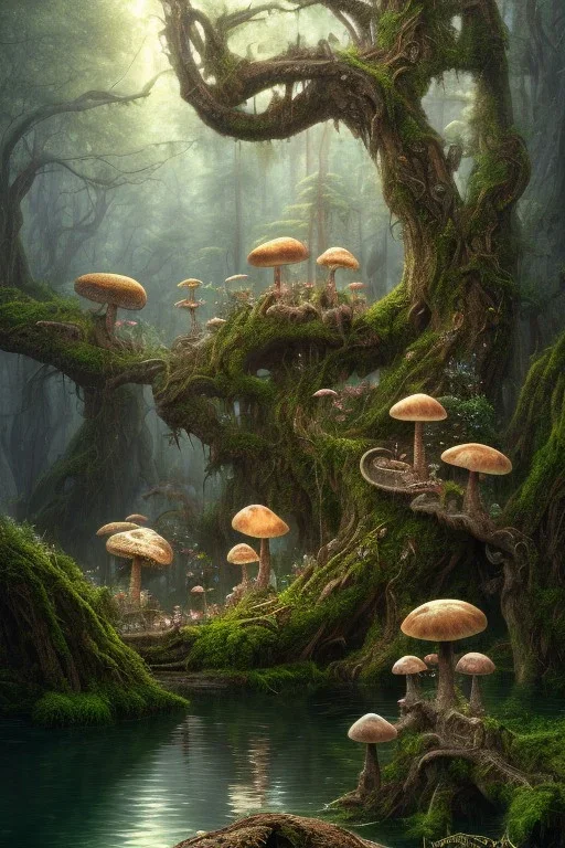 high-quality, fine-detail beautiful, breath-taking forest with gnarled trees, flowers, clear reflective lake, dragon sleeping, some mushrooms, tranquil, stunning, 8k resolution, intricate, digital art, detailed matte, volumetric lighting, George Grie, Anne Dittman, Anne Stokes, Lisa Parker, Selina French, Alphonse Mucha