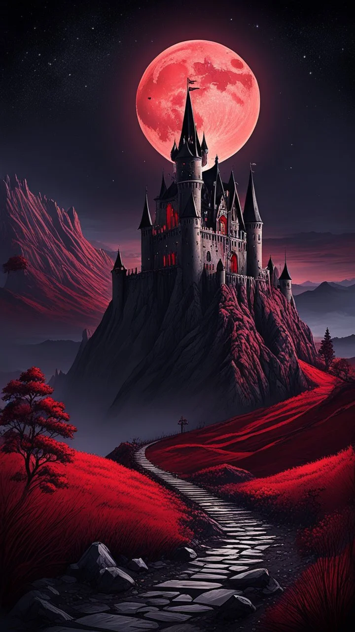 The Midnight Keep, Gothic Castle on the Red Bluffs, a crimson nightfall, stars, Red Full-Moon, red mountains and landscape,, gothic, haunting medieval vibes, crisp quality, beautifully lit