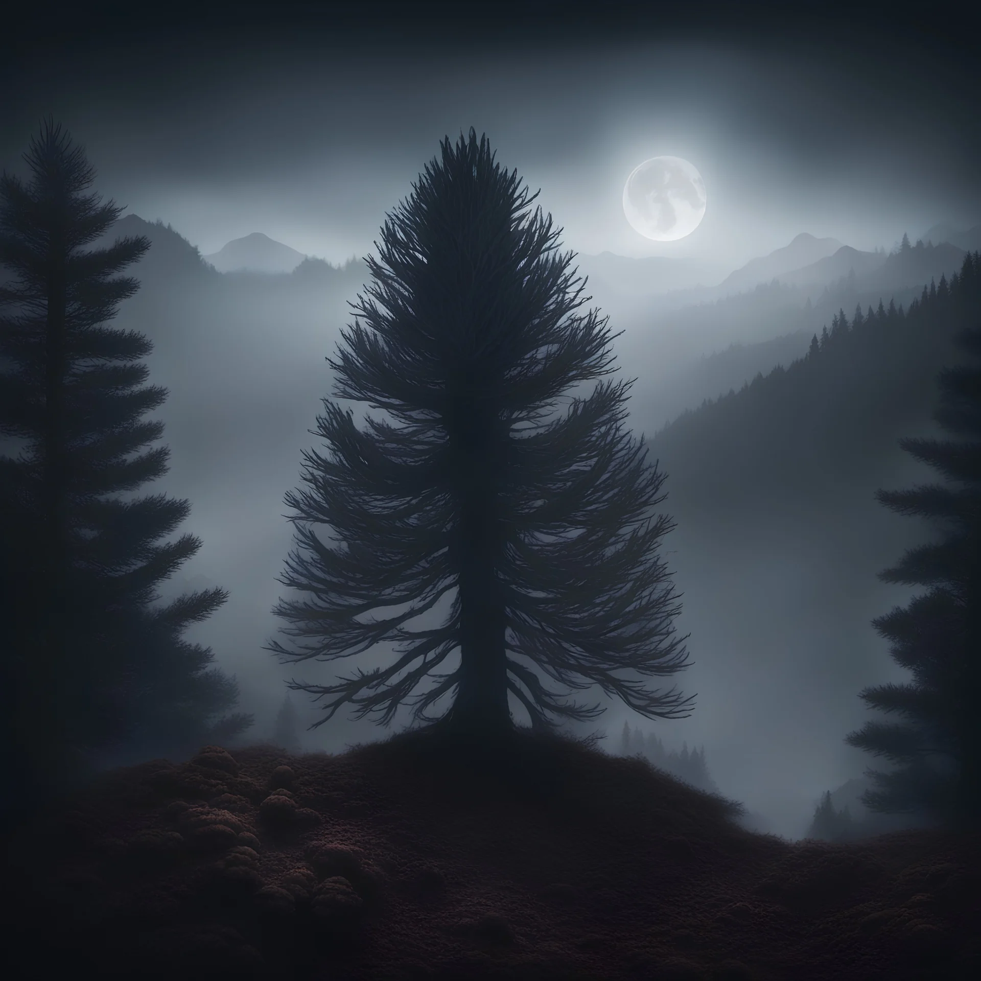 Hyper Realistic Pinecone trees on a foggy mountain at dark night