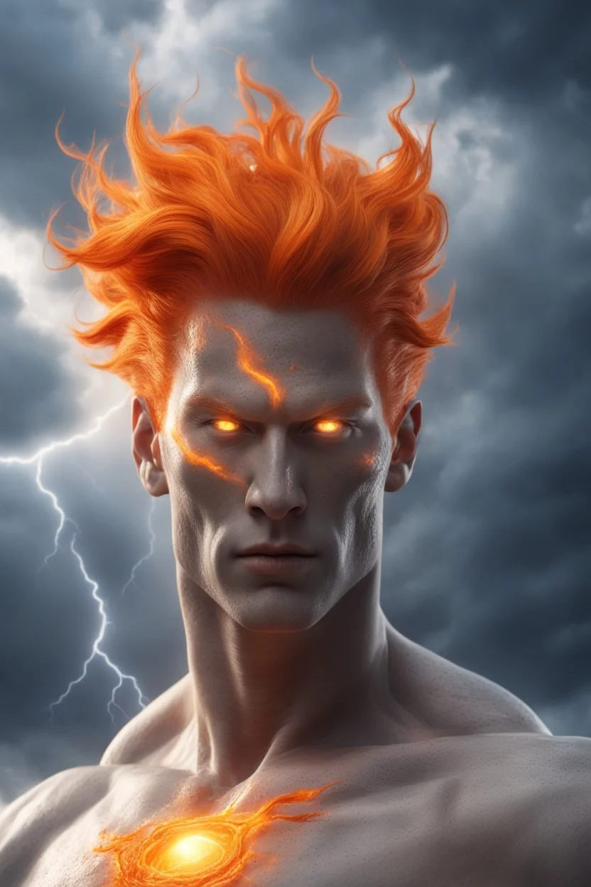 a slim muscular god with galaxy's in his eyes, glowing orange hair that looks like it's made of the sun, a light gray body made of clouds with glowing cracks of orange within it in cloud patterns. lightning crawls up his face. necklace made of water. realistic 4k