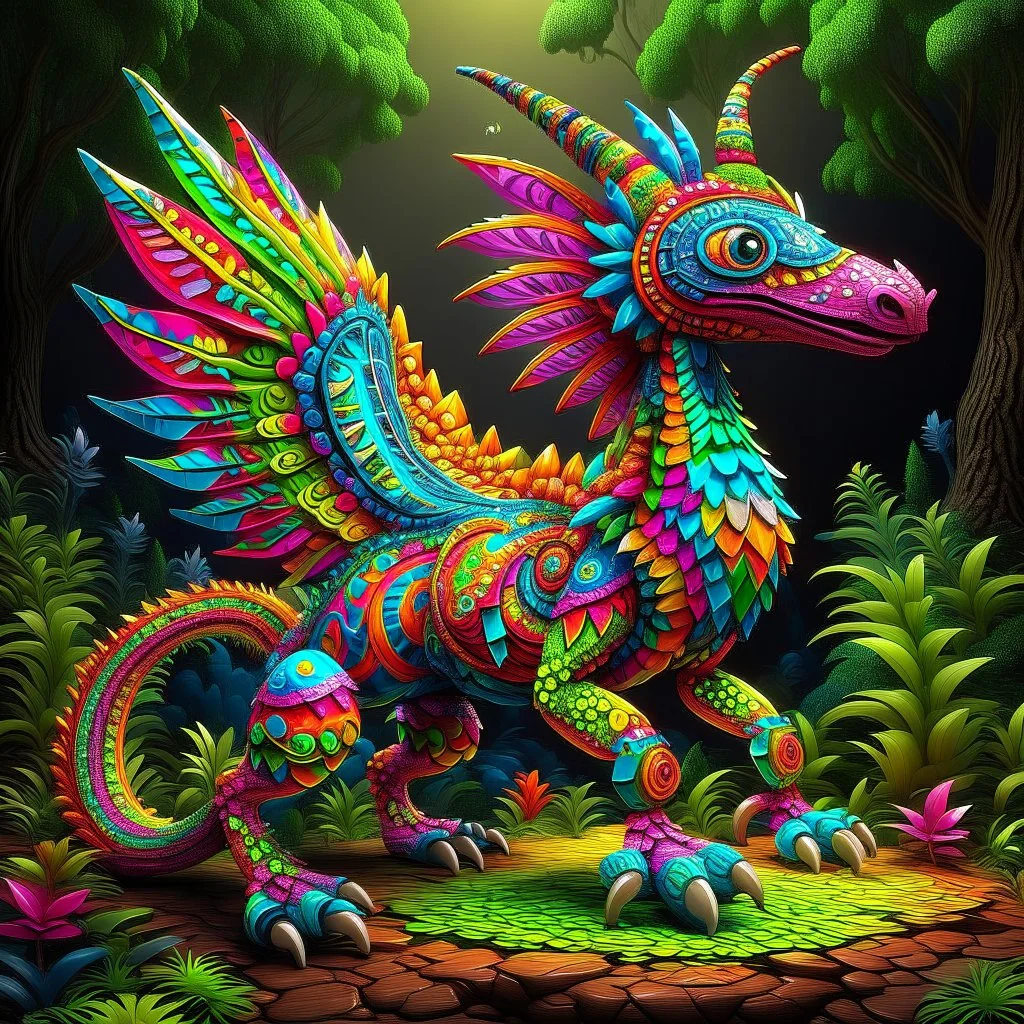 Whimsical Alebrijes creatures, surreal, take elements from different animals, from the artist's imagination, create a magical being. animal-like creatures. roam through their towns, hills, and forests in another dimension. spirits guide, accompany, and protect us. These animal-like creatures a Modifiers: highly detailed fantasy bright studio setting cinematic lighting anthropomorphic dynamic lighting colourful cinematic postprocessing acrylic art pixel art quilling Jean-Baptiste Monge Tim Burton