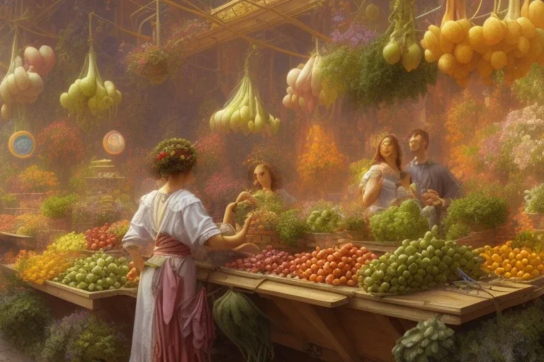 a greengrocer in colorful palma de mallorca street, 1993, spanish mediterranean sea, waterfront, alphonse mucha, greg rutkowski, matte painting, vplumetric lighting, volumetric clouds, maya render, hyper detailed, 8k, uhd, exaggerated colors, fantasy art, felix kelly, seb mckinnon, jessada sutthi, boris vallejo, lin chen