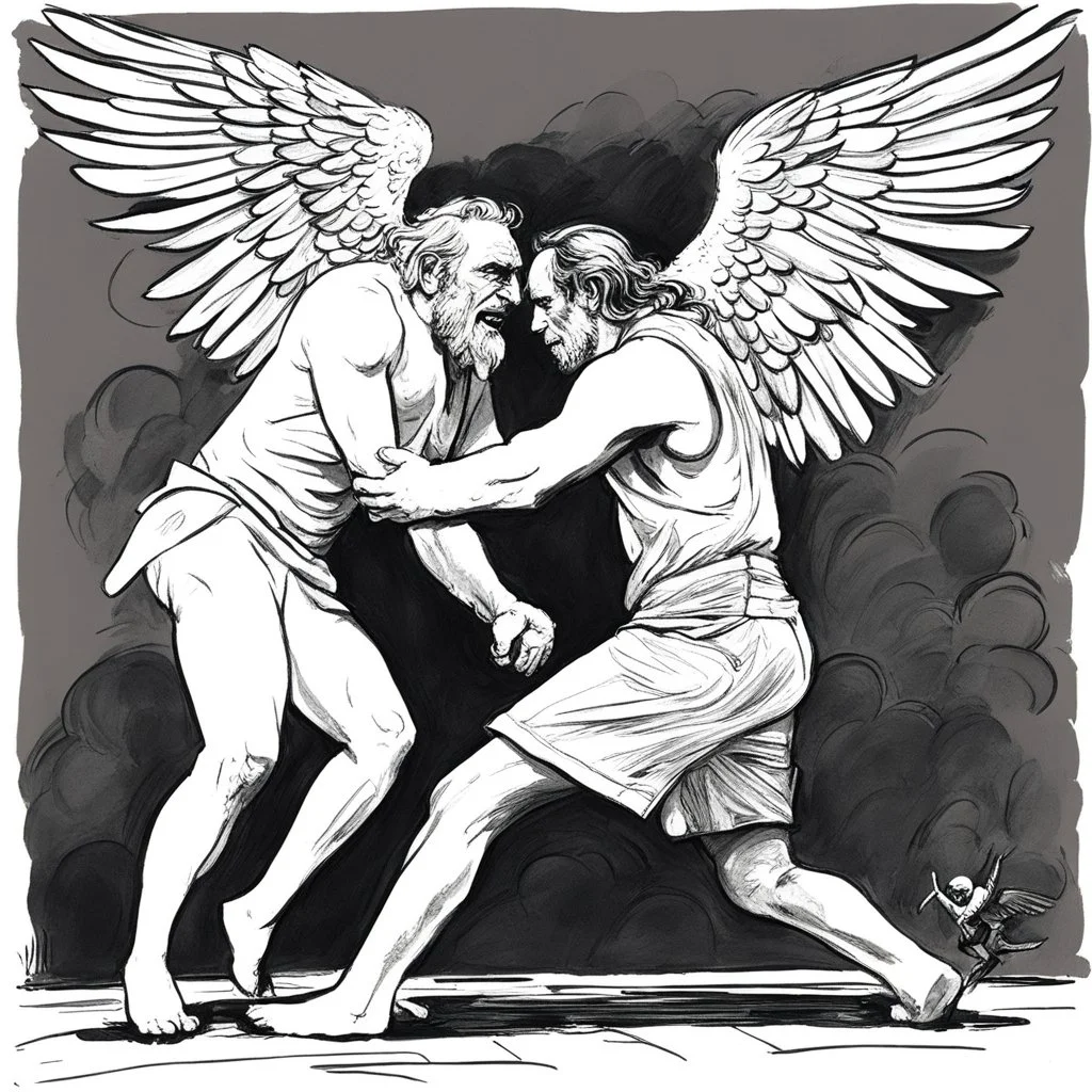 [art by Charles Bukowski] Jacob wrestling with angel