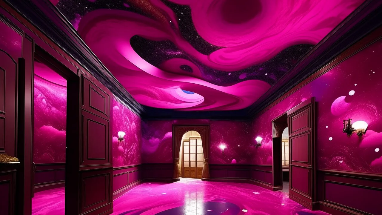 A magenta outer space with swirling stars painted by Antoni Gaudi