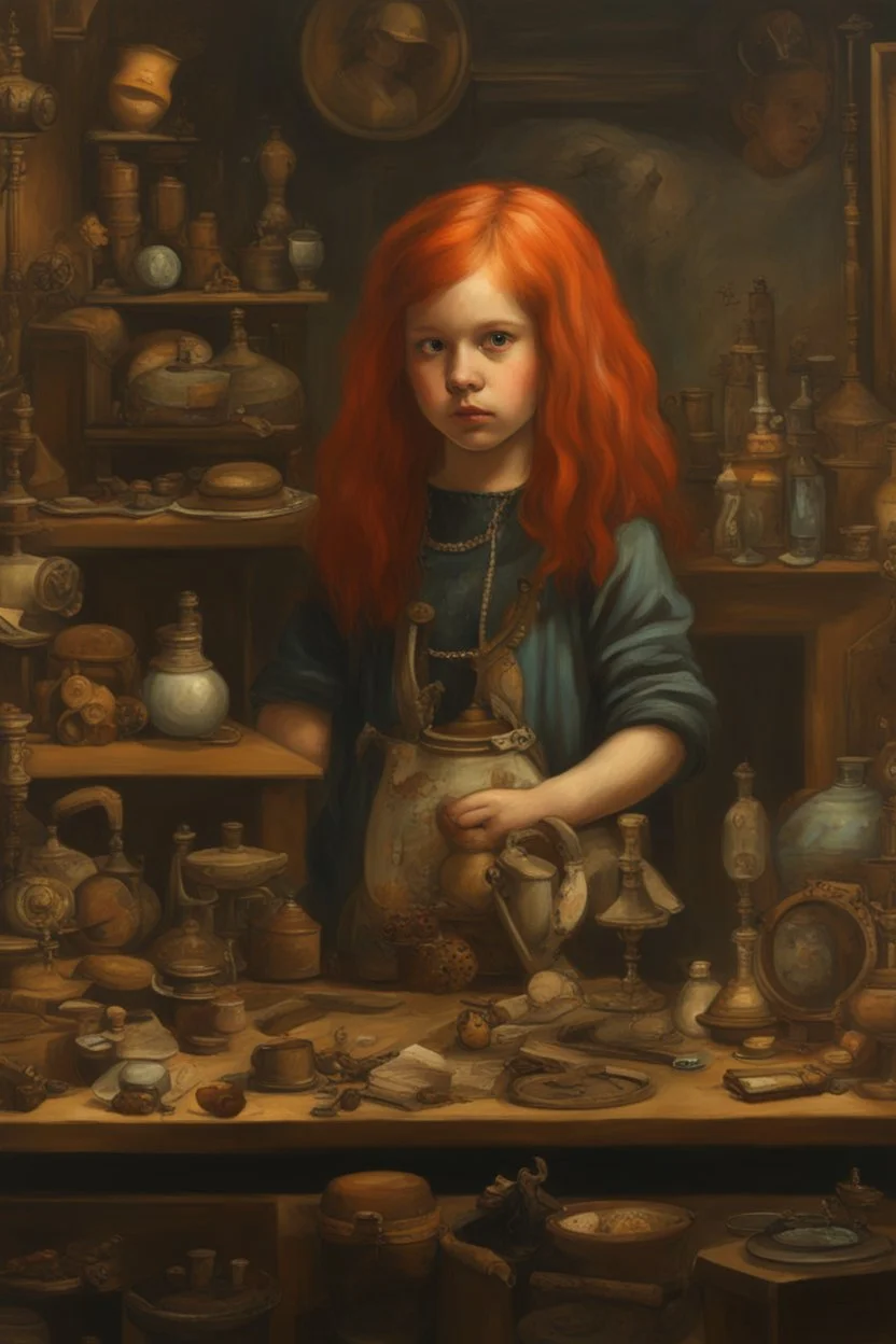 Little girl with red hair in Cyberpunk wunderkammer painted by Vermeer, unsane details, soft colors, lot of space around the girl with a lot of strange objects