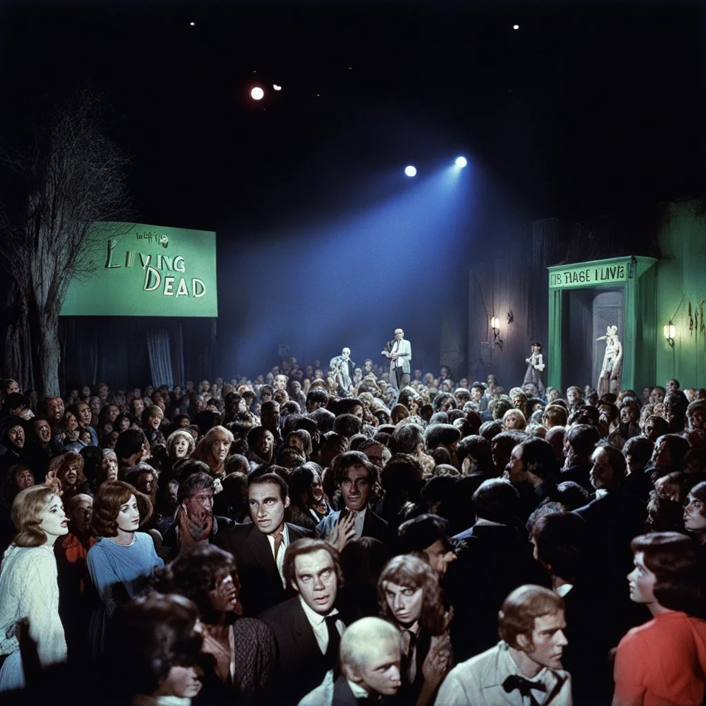 [colour high res photo: Night of the Living Dead (1968) by Romero n the eerie glow of a dimly lit comedy club, the stage was set for a performance unlike any other. The audience, a mix of the living and the undead, eagerly awaited the arrival of the stand-up artist who had risen from the grave to deliver his twisted brand of humor. As the spotlight flickered to life, revealing a figure clad in tattered clothes and sporting a ghostly pallor, the crowd erupted in a mix of laughter and nervous an