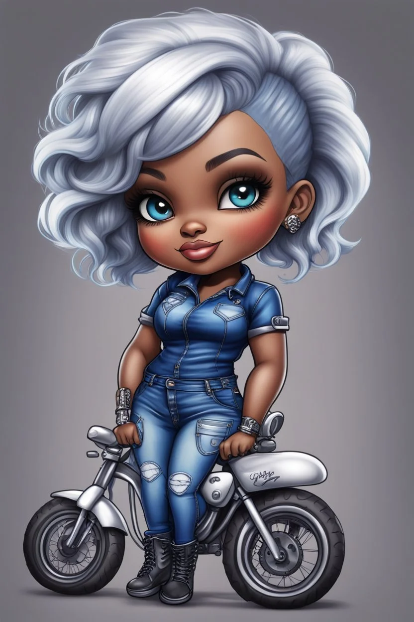 create an airbrush illustration of a chibi cartoon voluptuous black female wearing a blue jean outfit with biker boots. Prominent make up with hazel eyes. Extremely highly detail of a very low platinum blonde pixie haircut. Background of a bike show.