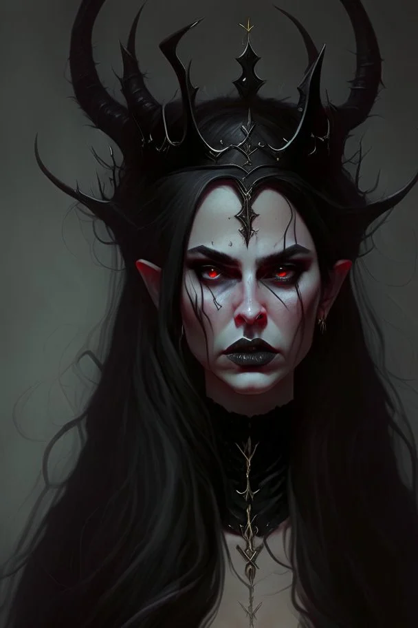 A beautiful, terrifying, sexy and gothic tiefling woman, in her 30s, she wears all black and has long hair and an evil crown