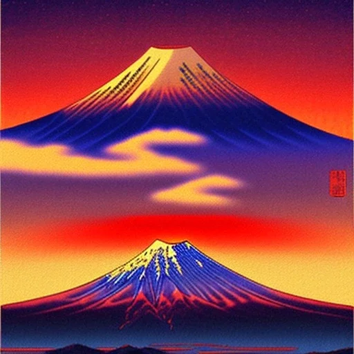 Ukiyo-e painting of a mount fuji at sunset