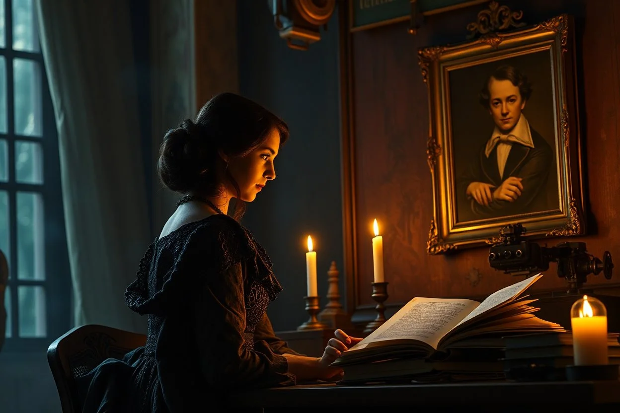 Ada Lovelace's spirit seems to linger in the flickering candlelight, her vision of a programming language, a portrait of Alan Turing gazes enigmatically, the disappointment of Hilbert in 1900 whispers through the shadows, a reminder that human reasoning transcends mere logic. The hum of machinery blends with the rustle of pages as the figure contemplates the insights of Rossenblatt, weaving a narrative of exploration and discovery. the scene shifts to a high-stakes showdown reminiscent of Alp