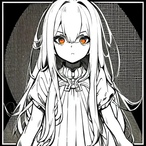  dead eyes, emotionless face, long white hair, short, cute, Line art, small girl,