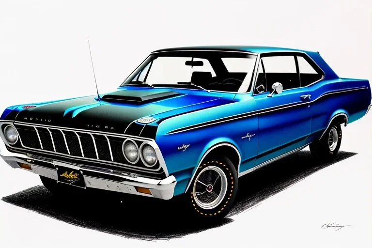 a true-to-life 1967 Ford Falcon XR GT, centered, intricate, extreme detailed, photorealism, center view, city background, pivot on ford, pen and color marker, painting by cheryl kelley