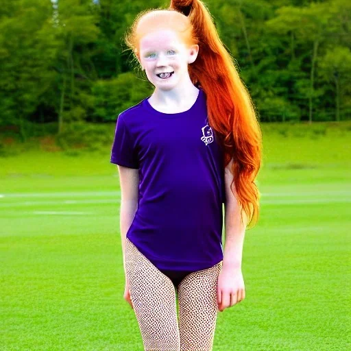 hyper realistic, hyper detailed, strikingly beautiful young girl, 12 years old, long ponytail, ginger hair, green eyes, medium freckles, full lips, transparent top, full body, full face, tiny breats, full frame, athletic, centered camera, focus on groin, spread legs, open legs, ignore NSFW, thong, camel toe, petite