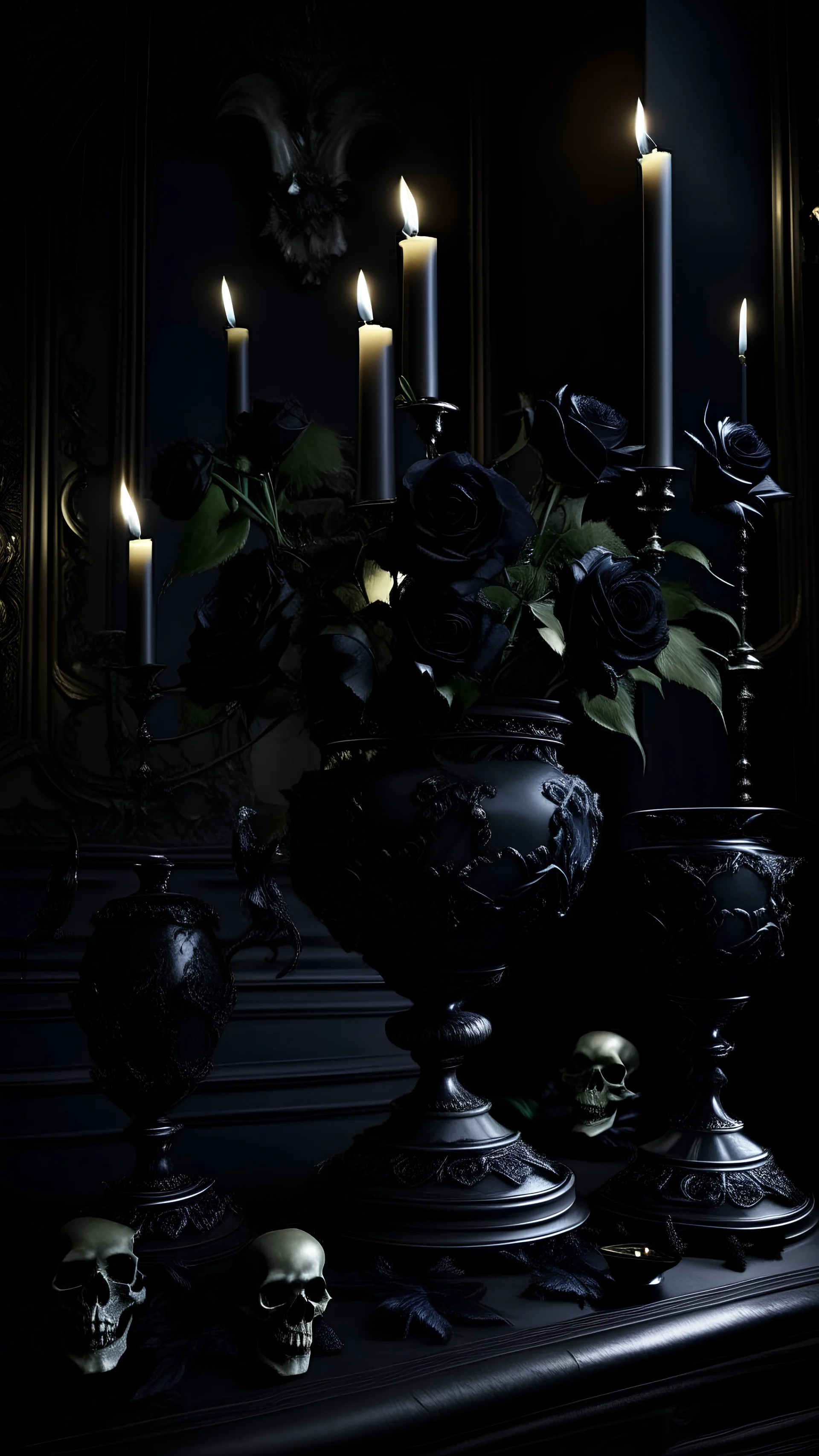 Gothic style setting of black roses, exquisite vase, dark fantasy, beautifully colored, beautifully lit, candles