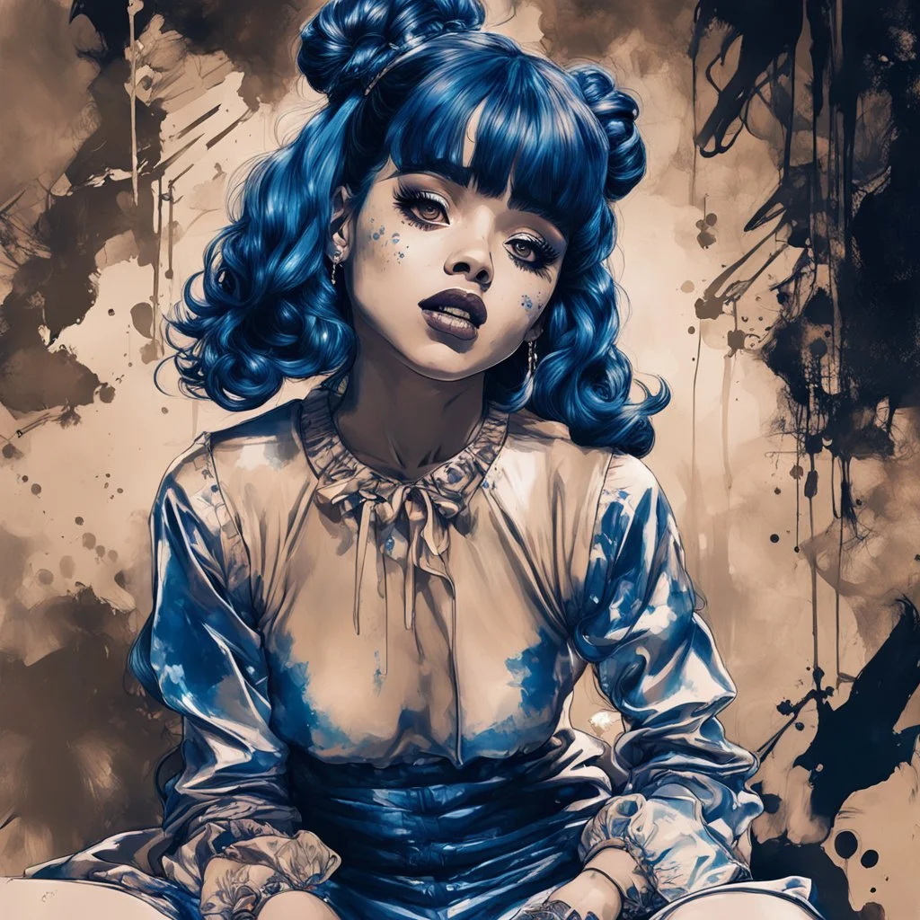 Poster in two gradually, a one side the Singer Melanie Martinez face, full body, sit pose, painting by Yoji Shinkawa, darkblue and sepia tones,sinister, detailed iridescent, metallic, translucent, dramatic lighting, hyper futuristic, digital art, shot with Sony Alpha a9 Il and Sony FE 200-600mm f/5.6-6.3 G OSS lens, natural light, hyper realistic photograph, ultra detailed -ar 3:2 -q 2 -s 750,malevolent goth vampire girl face and other side