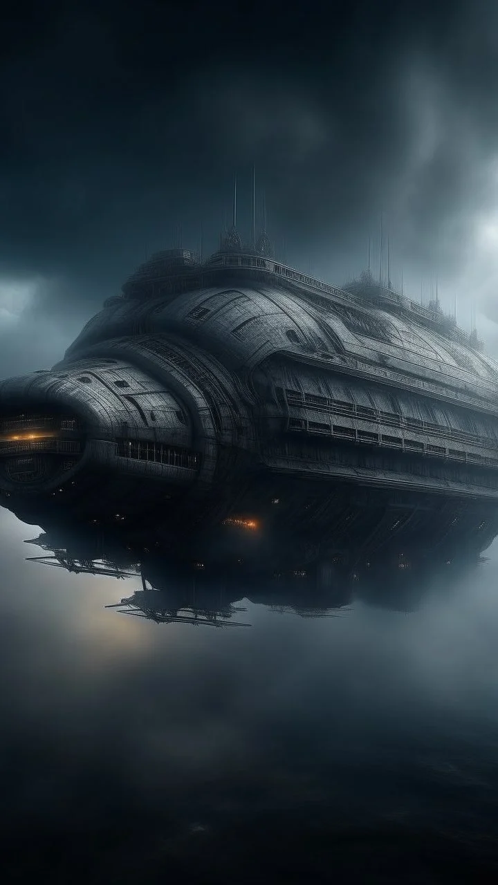 ,surrealism of the dark of a nightmare , hyper photorealistic, hyper detailed dark art color, high resolution, fog, octane render, tilt shift, HDRI Environment, all pictures dark gray, a cigar shape spaceship hovering in the sky