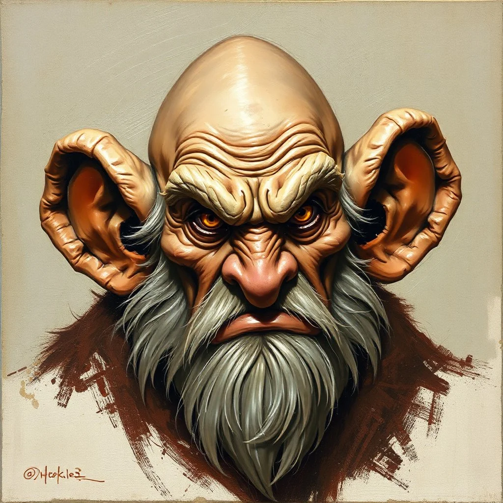 Dnd, fantasy, dwarf, handpainted by a renaissance artist, oil painting, head portrait, sturdy, mighty, grizzled, old, angry, barbarian, big round human ears