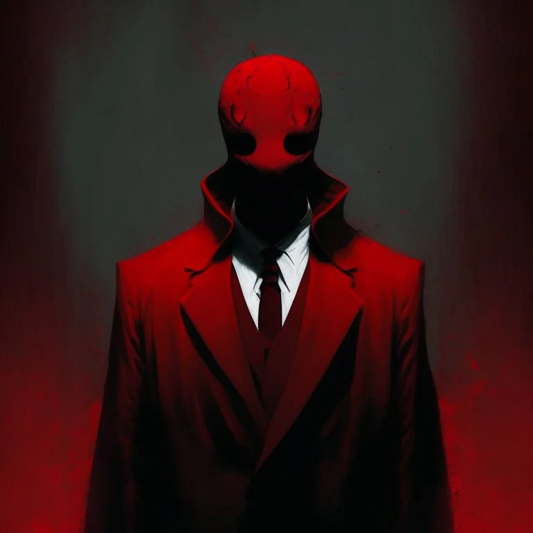 a sinister faceless figure wearing a red suit and a priest's collar with no face and dirty slicked back hair