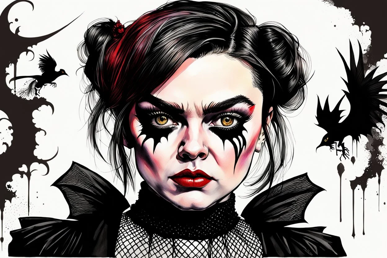 create a wild caricature of Maisie Williams as a savage, ravenous, gothpunk vampire girl with highly detailed and refined facial features and hair, clothed in an ornate Gothic rags and fishnet stockings, in the caricature style of Gerald Scarfe and Ralph Steadman, precisely drawn, boldly inked, vividly colored, 4k