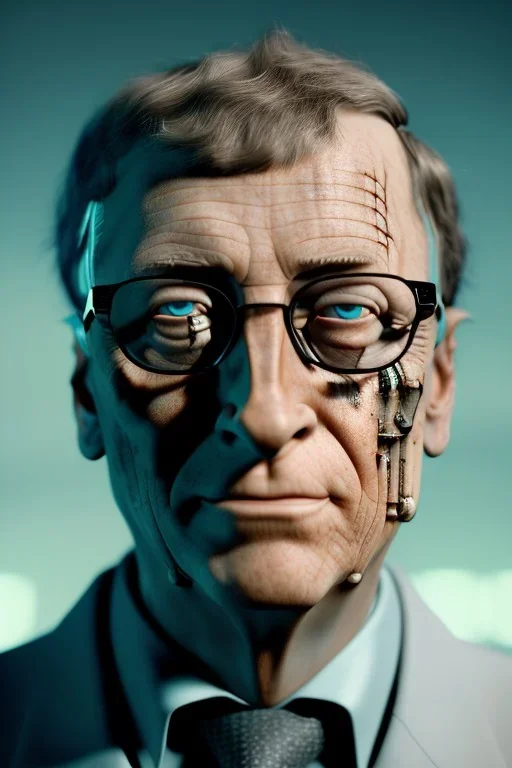 A portrait post-apocalypse cyborg BILL GATES in a cyberpunk city, sci-fi fantasy style, 8k, volumetric lighting, particales,highly detailed,cinematic, deep scars on face,deep colours.