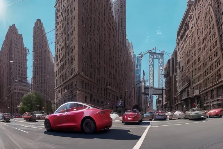 A Tesla 'Semi' (semi truck) is going at a high speed, near the Flatiron Building in Manhattan. (CINEMATIC, WIDE ANGLE LENS, PHOTO REAL)
