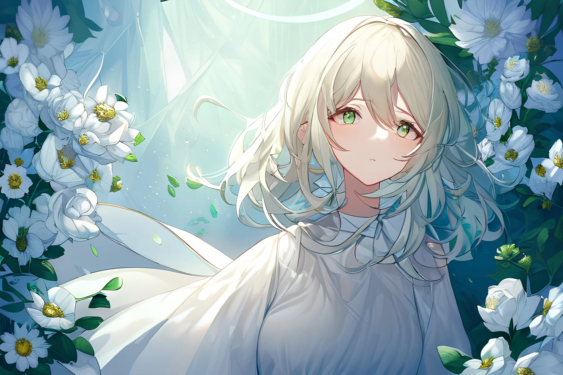 A highly detailed digital painting of an innocent women with light green hair and light green eyes, white flowers in her hair, a beautifully detailed white dress with light green edges, the artworks conveys purity and sweetness, the girl has slightly downturned eyes and seems to be curious about something