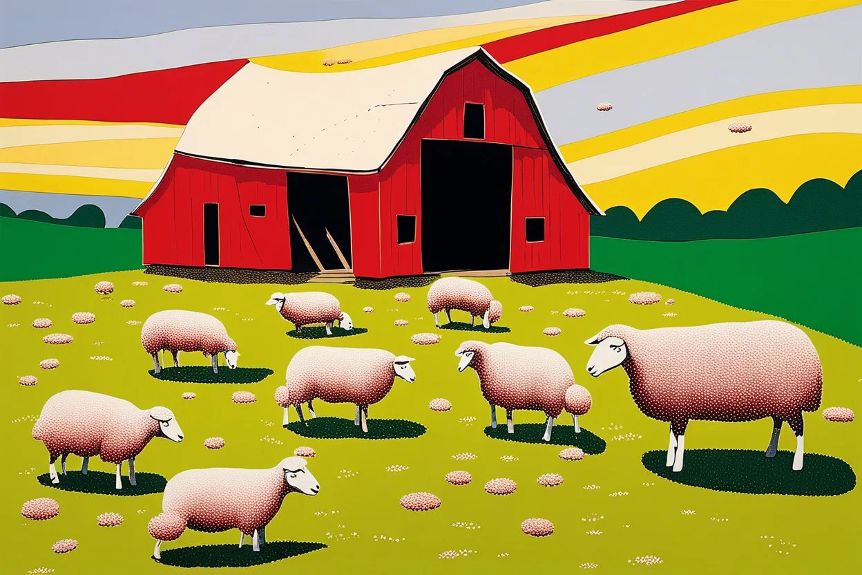 old barn in Style: Yayoi Kusama artist. landscape, pastoral, sheep