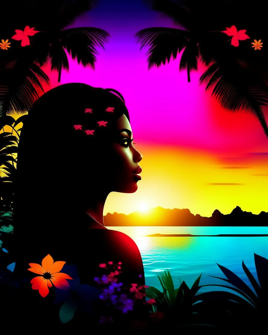 Stunning conceptual beach scene illustration in the silhouette of a woman's face. Beach with vibrant colors, sunset sky and coast with palm trees. Cinematic black background, looks like a window to a tropical paradise.12k 3D HD hyper-realistic Image quality CodeFormer AI 12K, cute flower fairy with bright wings like morning dew, flutters from flower to flower. Hair in curls, adorned with petals and pollen, mysterious phoenix woman, her silhouette made with interconnected and integrated elements