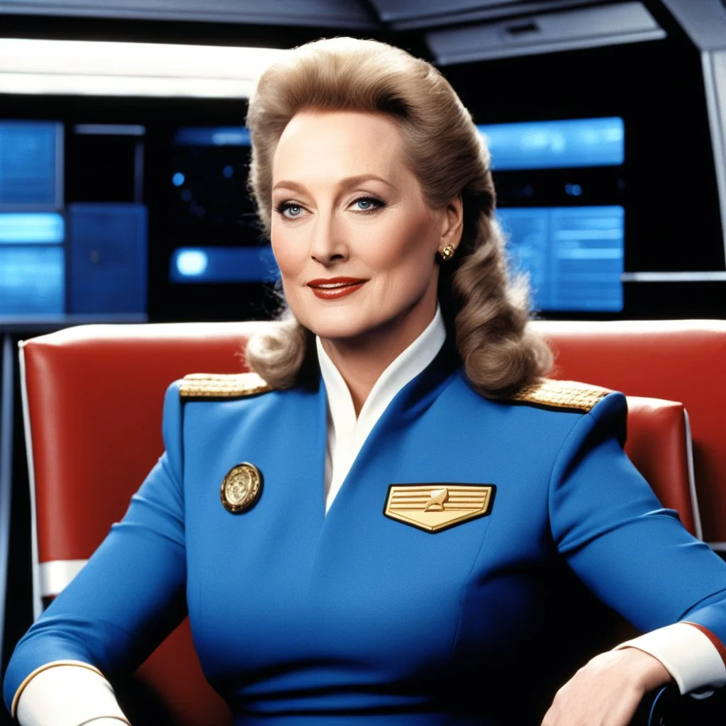 youthful Meryl Streep as a Star Trek admiral on the captain chair of the USS Enterprise bridge