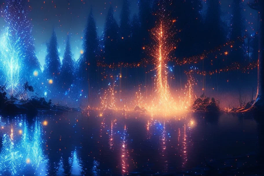 lightning sparkling christmas lights in forest, on lakeside in sunshine detailed matte painting, deep color, fantastical, intricate detail, splash screen, complementary colors, fantasy concept art, 8k resolution trending on Artstation Unreal Engine 5