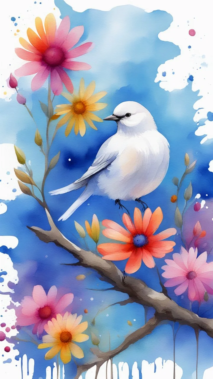 a smear . Field of wild a colorful flowers watercolor drawing on a blue splash colors background with a beautiful white bird on a tree branch