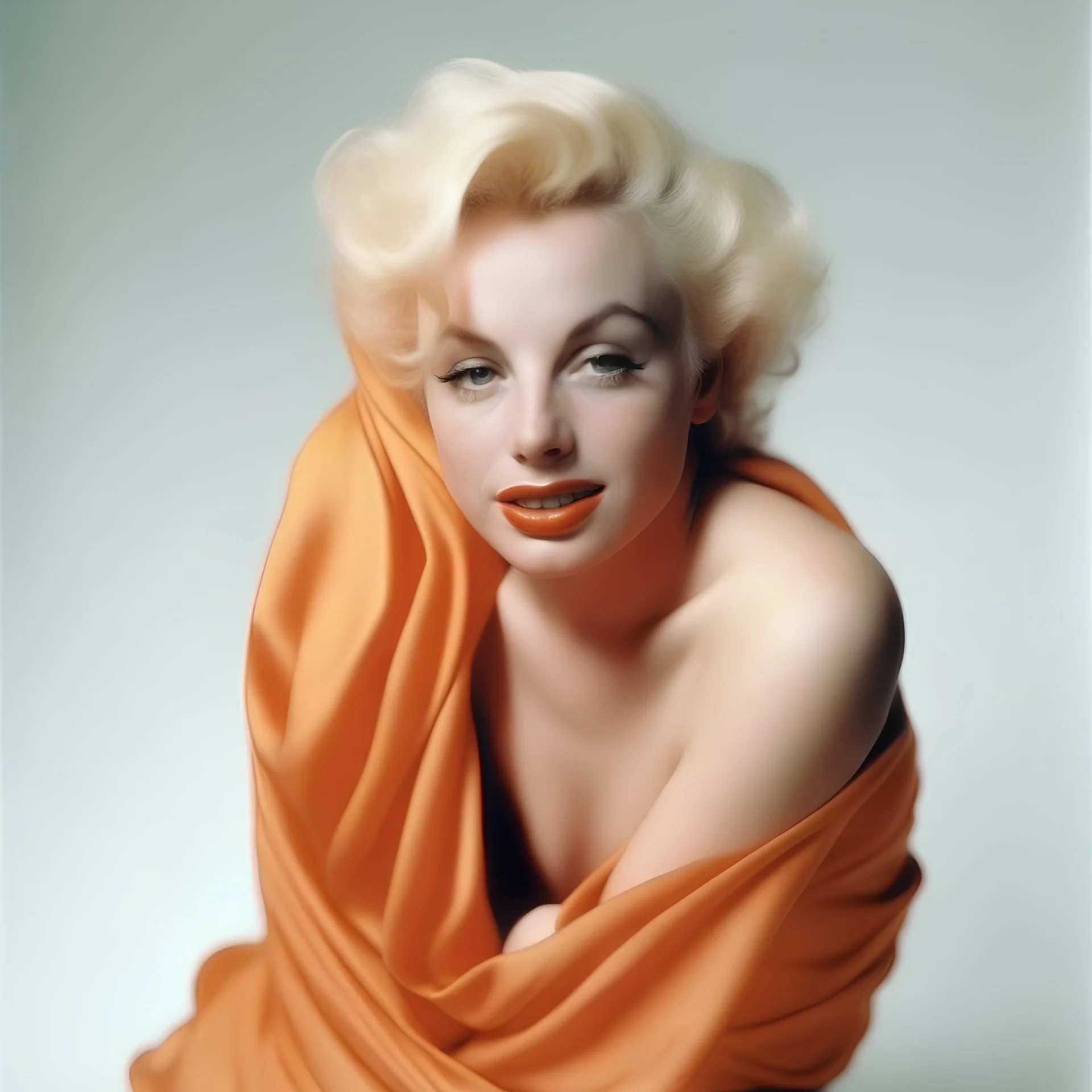 A photograph of childish marilyn monroe, looking upwards, hand on heart, with spiky hair, no make up, in the style of milton greene, a pale orange silk scarf around her shoulders, white bacground