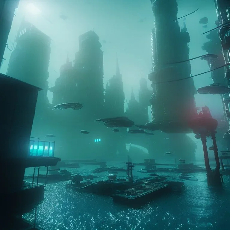 underwater futuristic city , the city is abandoned and the water is murky and dark