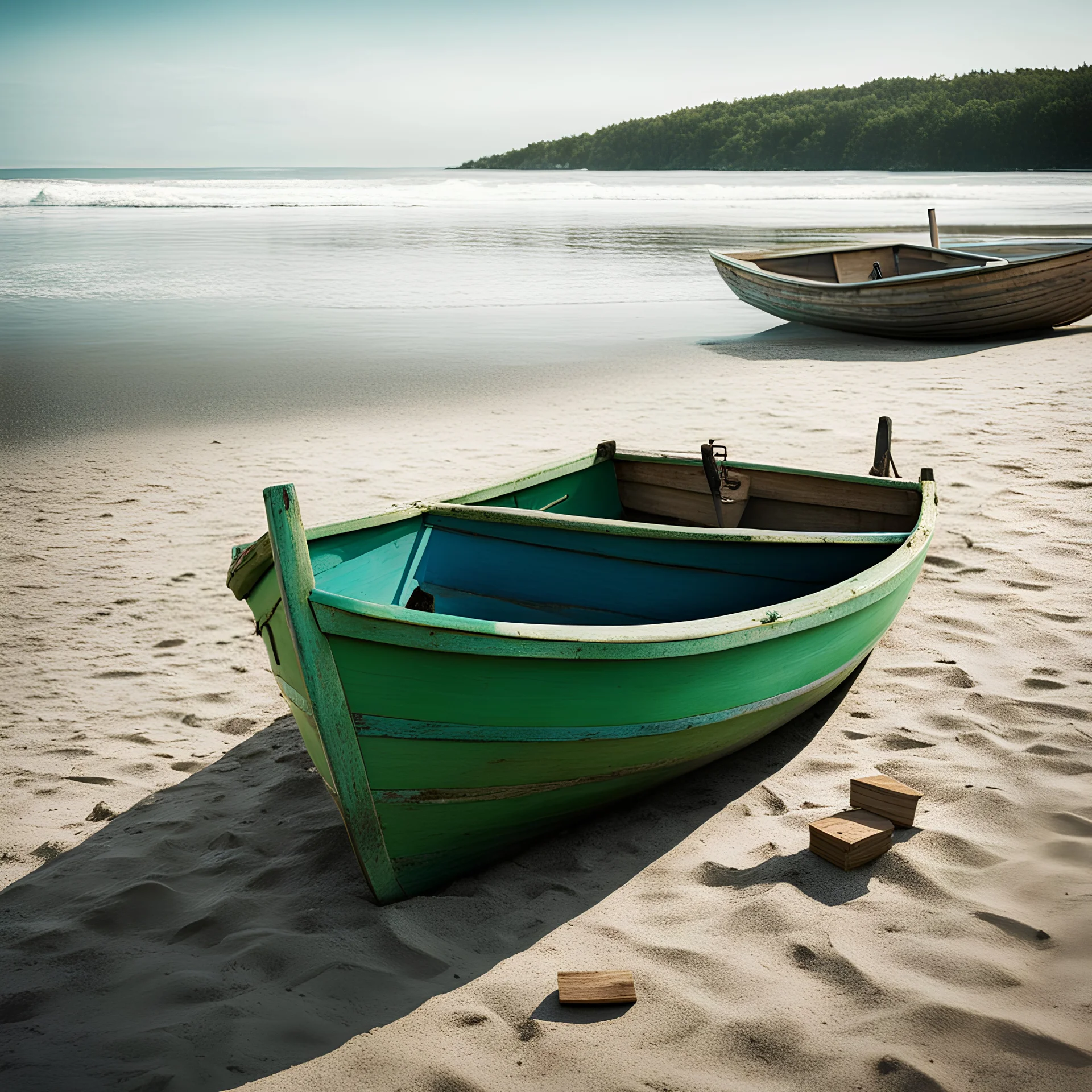 A man, beach, a green and blue boat, some pieces of wood, summer, creepy, odd, surreal