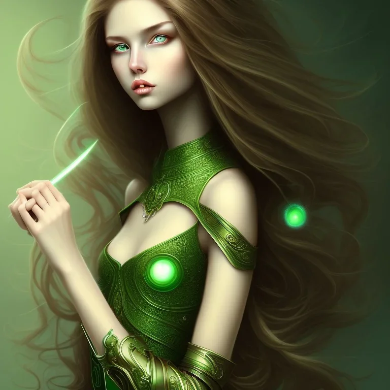 girl long light brown hair green eyes wielding magic wearing dress