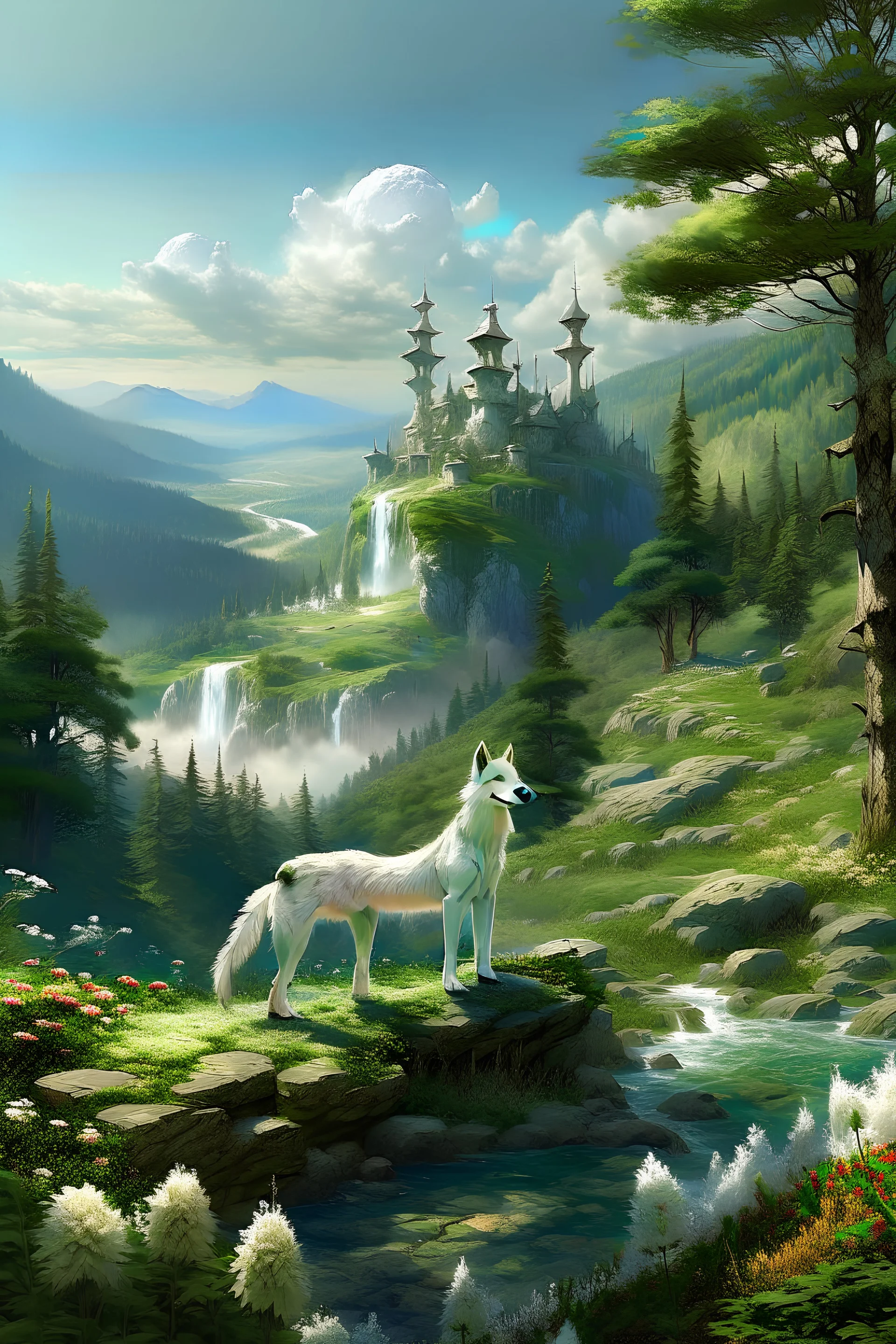 photoreal white wolf and white deer stand on the top of a hill full of tall trees and look ahead to a valley of forest green and full of flowers and trees with a waterfall in the distance