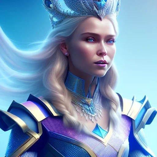 A portrait of a full body crystalised blue pink queen,smiling face, blue eyes, long blond hair, atmospheric, realistic, unreal engine, lighting