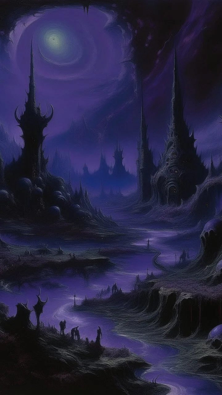 A dark purple alien kingdom painted by Claude Monet