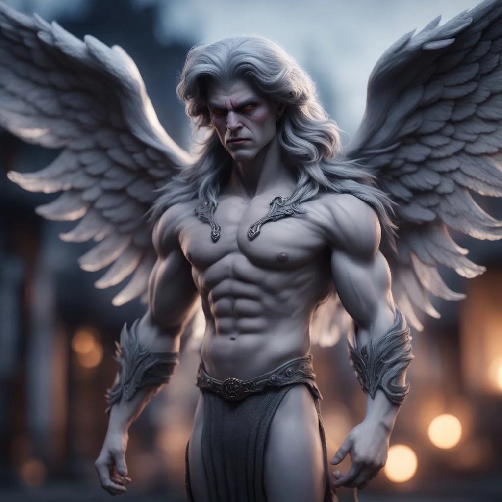 cardigan grey angel nephilim vampire with muscles and big wig, Guiding souls through twilight, where the shadows flee In this realm of aftermath, phantoms softly tread Following the will-o-wisp, where the lost are led ,bokeh like f/0.8, tilt-shift lens 8k, high detail, smooth render, down-light, unreal engine