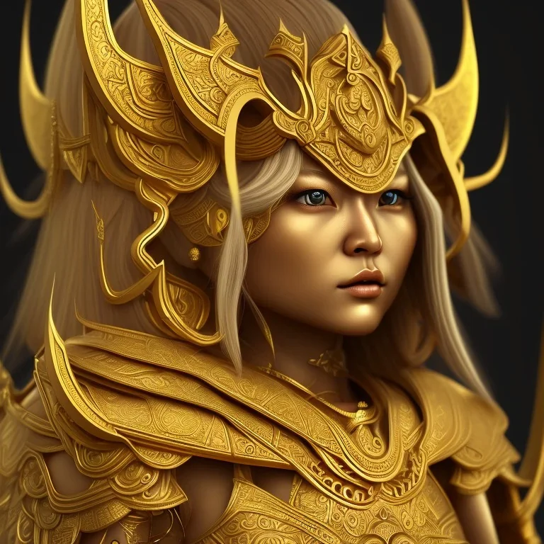 statue 3D japanese viking Girl gold, Thai pattern, Thai dress, detailed pattern, pattern, template, prototype, weaving gold 4k golden face wing golden eyes