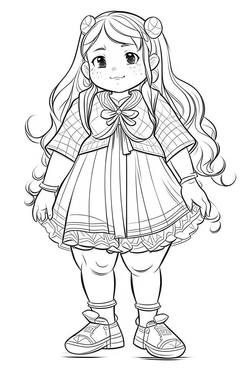 Outline art for coloring page OF FULL BODY OF A CHUBBY PERUVIAN BLONDE GIRL, coloring page, white background, Sketch style, only use outline, clean line art, white background, no shadows, no shading, no color, clear