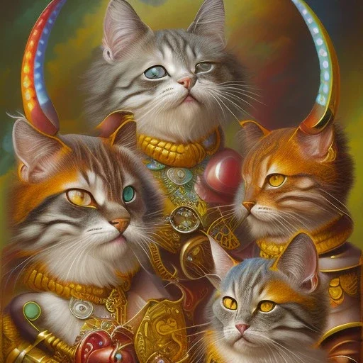 prompt, Fantasy harlequin cats by Louis Wain, by Catherine Abel, by Gediminas Pranckevicius, fantasy, oil on canvas, beautiful, high details, ultra detailed, crisp quality, colourful, high definition