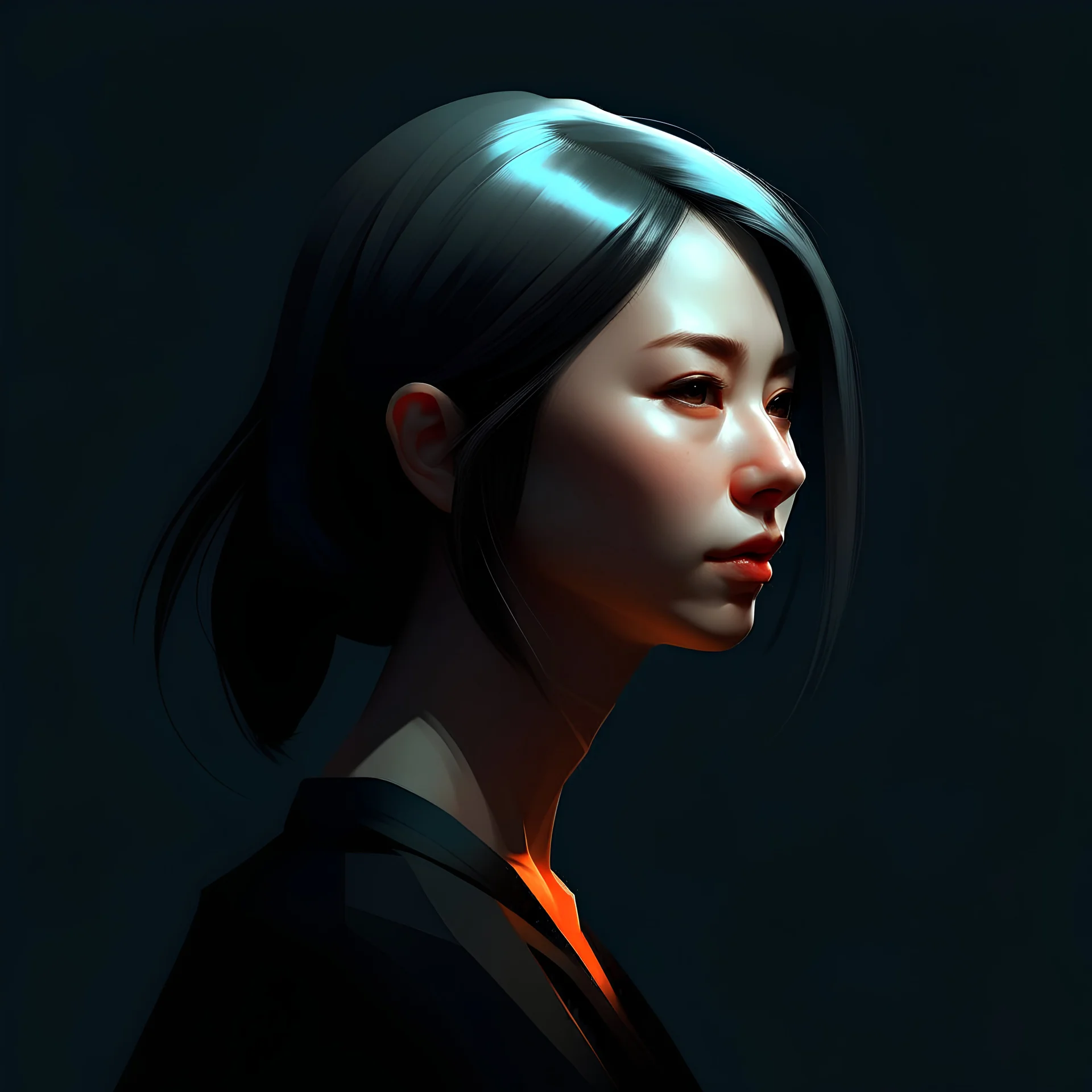 digital art minimal beautiful artistic asian girl long bob hair unreal engine brush strokes on hair