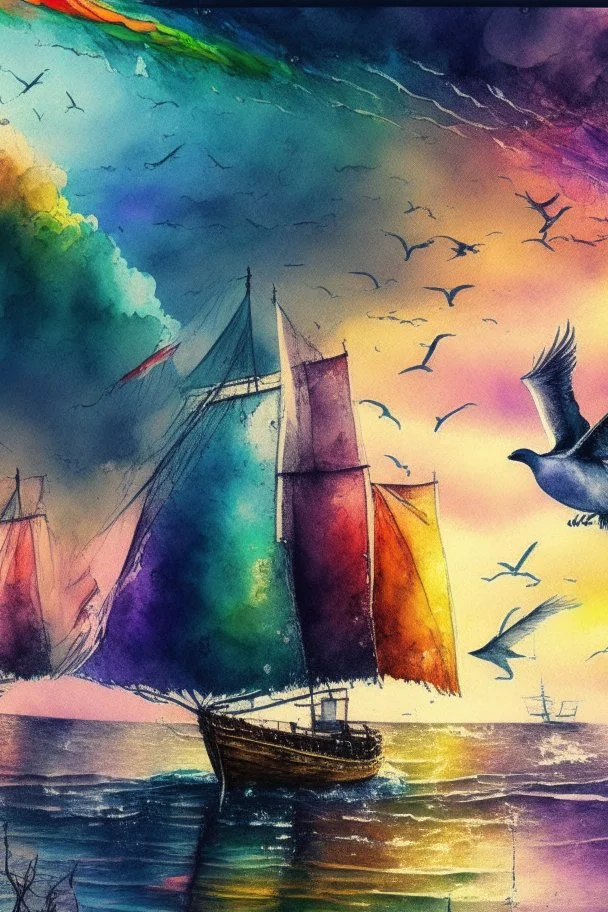 Rainbow in the darkening sky sunset sailing boats with snow-white sails seagulls on the shimmering water Jean-Baptiste Monge style surreal a masterpiece razor-sharp focus dynamic lighting watercolor and ink concept art extremely detailed psychedelic 8k beautiful high detail high definition colourful matte background Michelangelo Van Gogh colorful dramatic lighting fine art reflections whimsical National Geographic photography Alexander Archipenko Romantic Impressionism Fantasy illustration