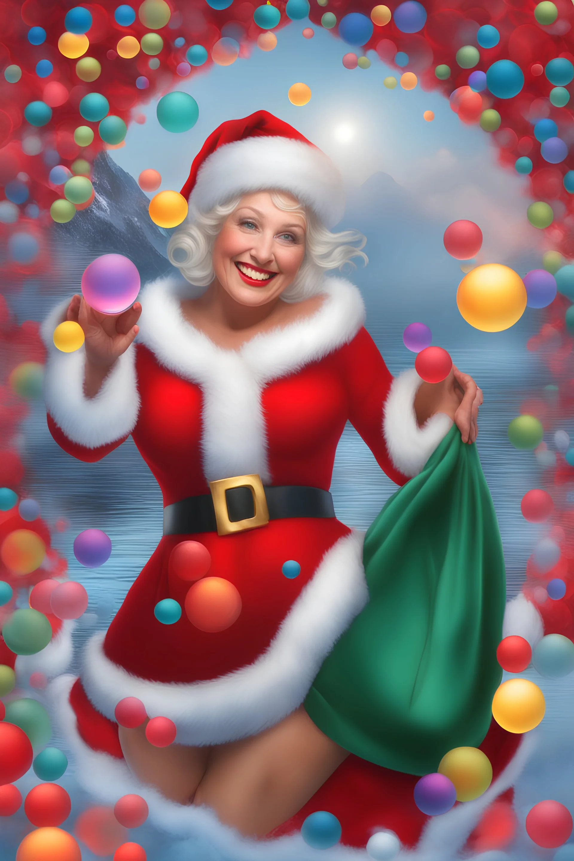 Christmas Themed -- text "Merry Christmas," Multicolored 3D Bubbles, multicolored, Floating 3D hearts with an electrical current, fog, clouds, somber, ghostly mountain peaks, a flowing river of volcanic Lava, fireflies, a close-up, portrait of an Mrs. Santa Claus, smiling a big bright happy smile, wearing a red bikini with white ruffles, black fishnet stockings, black, knee-high platform boots, in the art style of Boris Vallejo