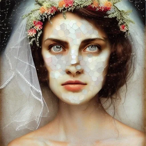 home-made paper collage art of beautiful bride's face, mix and match, fine detail, highly intricate, wearing bridal veil, modern surrealism painting, high-quality, volumetric lighting, 8k, ultrahd, George Grie, Marco Escobedo, Igor Morski